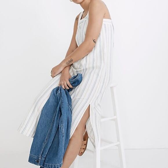 NWT Madewell Linen Cotton Princess-Seamed Midi Dress in Desert Dune Stripe - Picture 4 of 15
